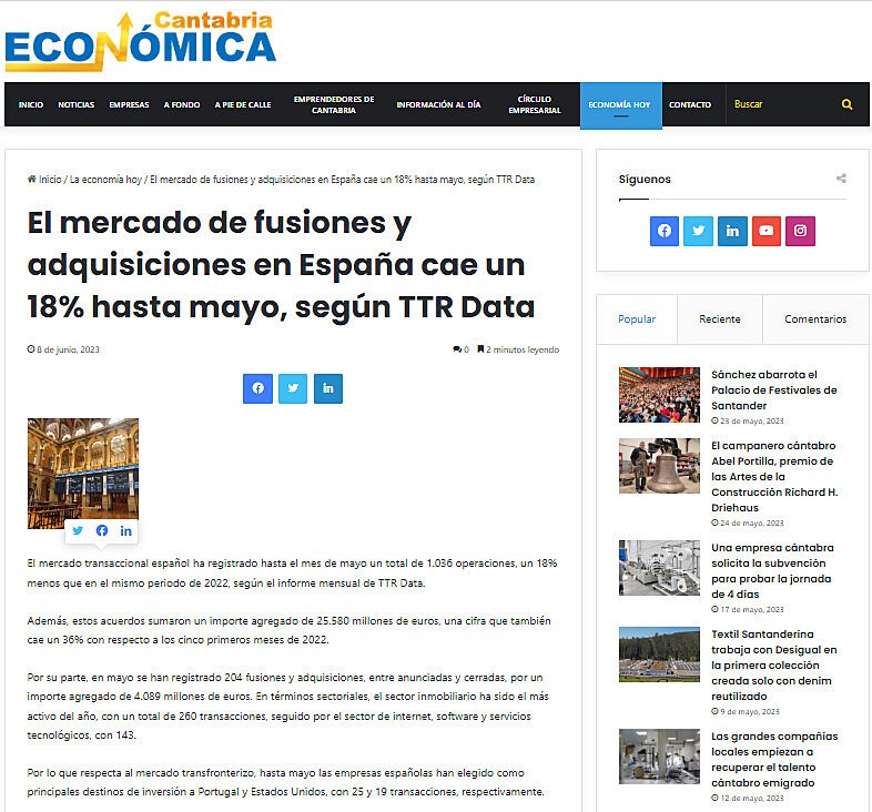 El mercado de fusiones y adquisiciones en Espaa cae un 18% hasta mayo, segn TTR Data